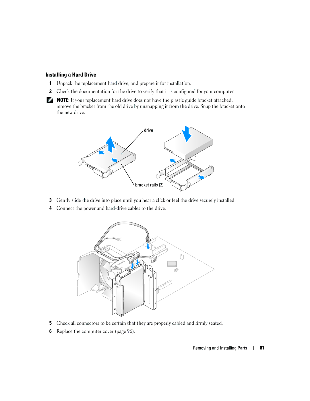 Dell 3100, E310 owner manual Installing a Hard Drive, Drive Bracket rails 