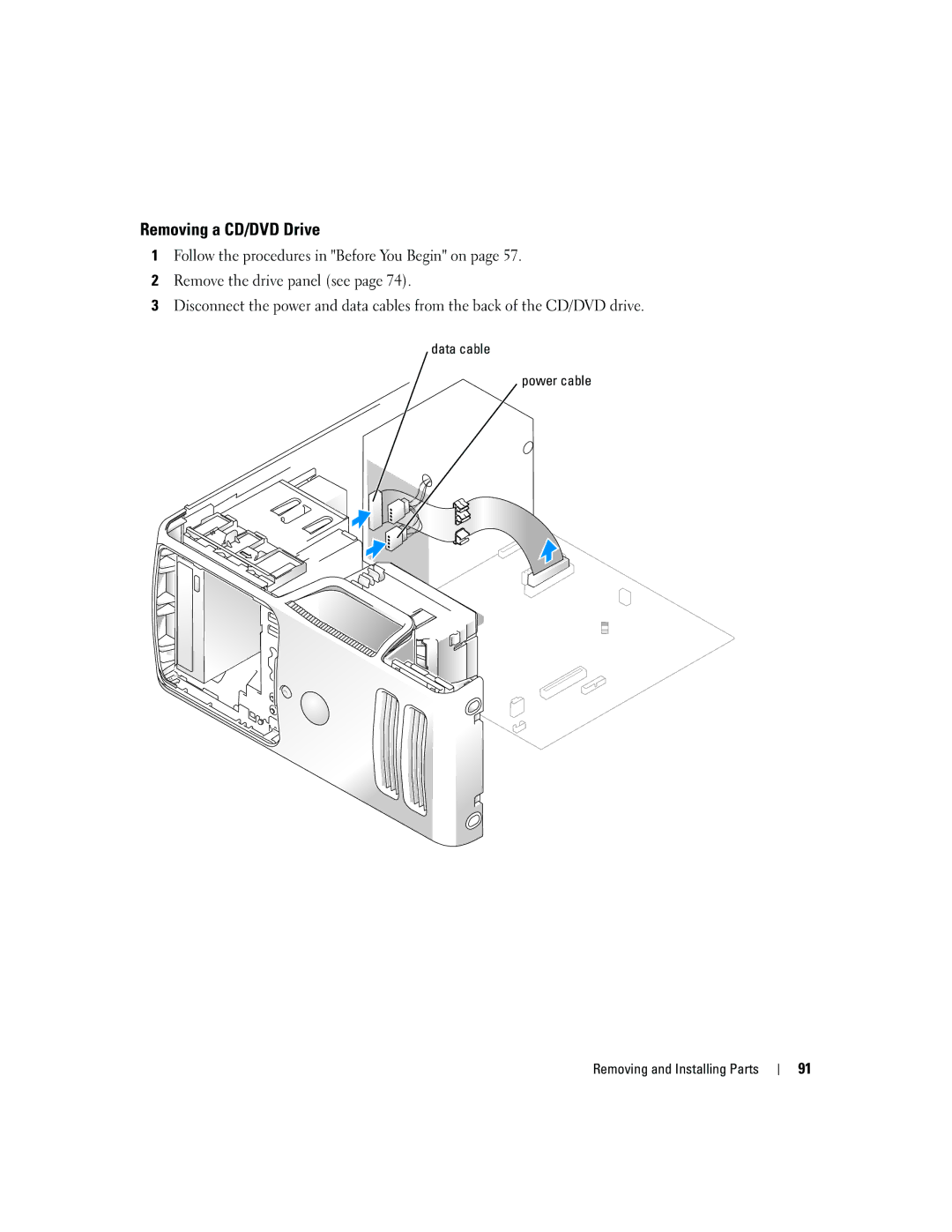 Dell 3100, E310 owner manual Removing a CD/DVD Drive, Data cable Power cable Removing and Installing Parts 