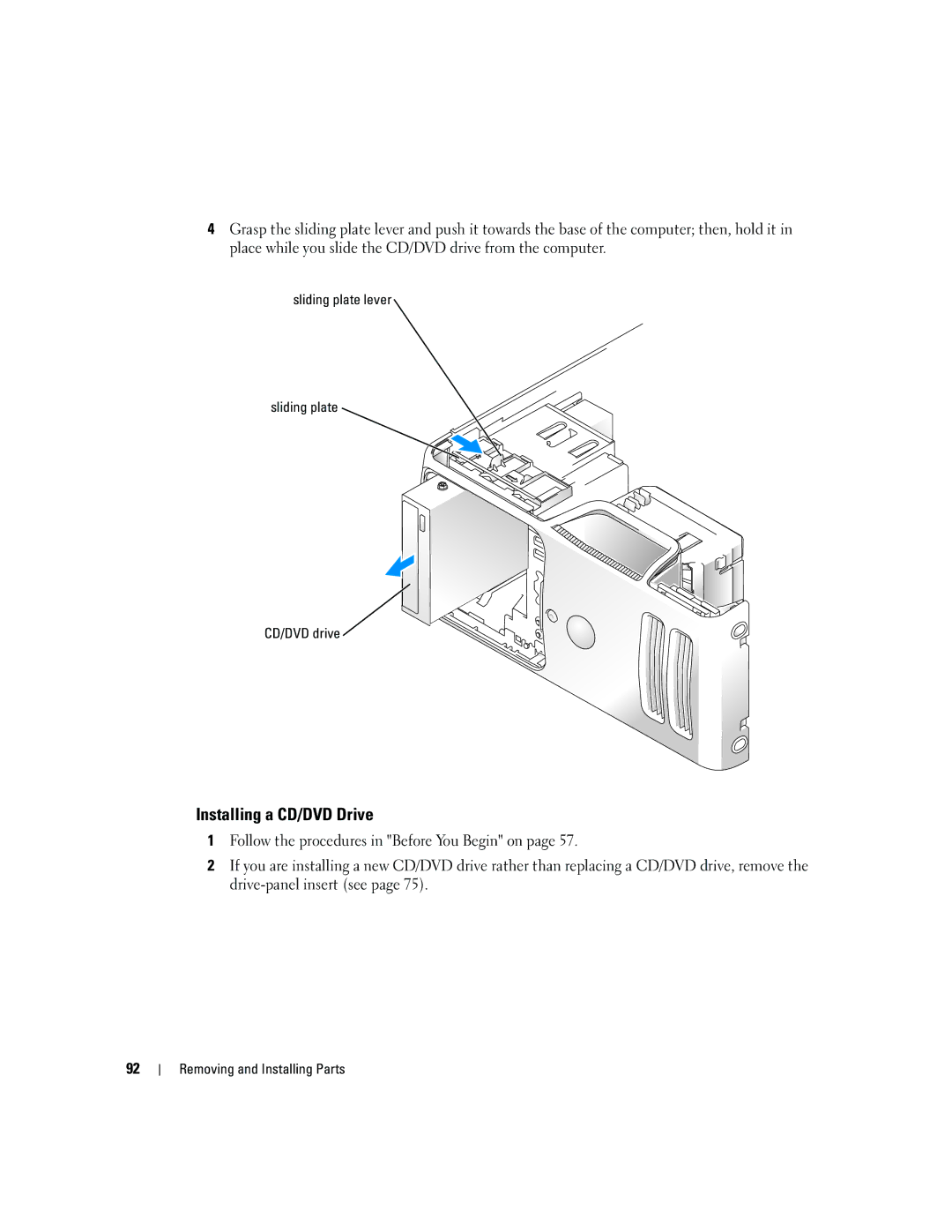 Dell E310, 3100 owner manual Installing a CD/DVD Drive, Sliding plate lever CD/DVD drive 