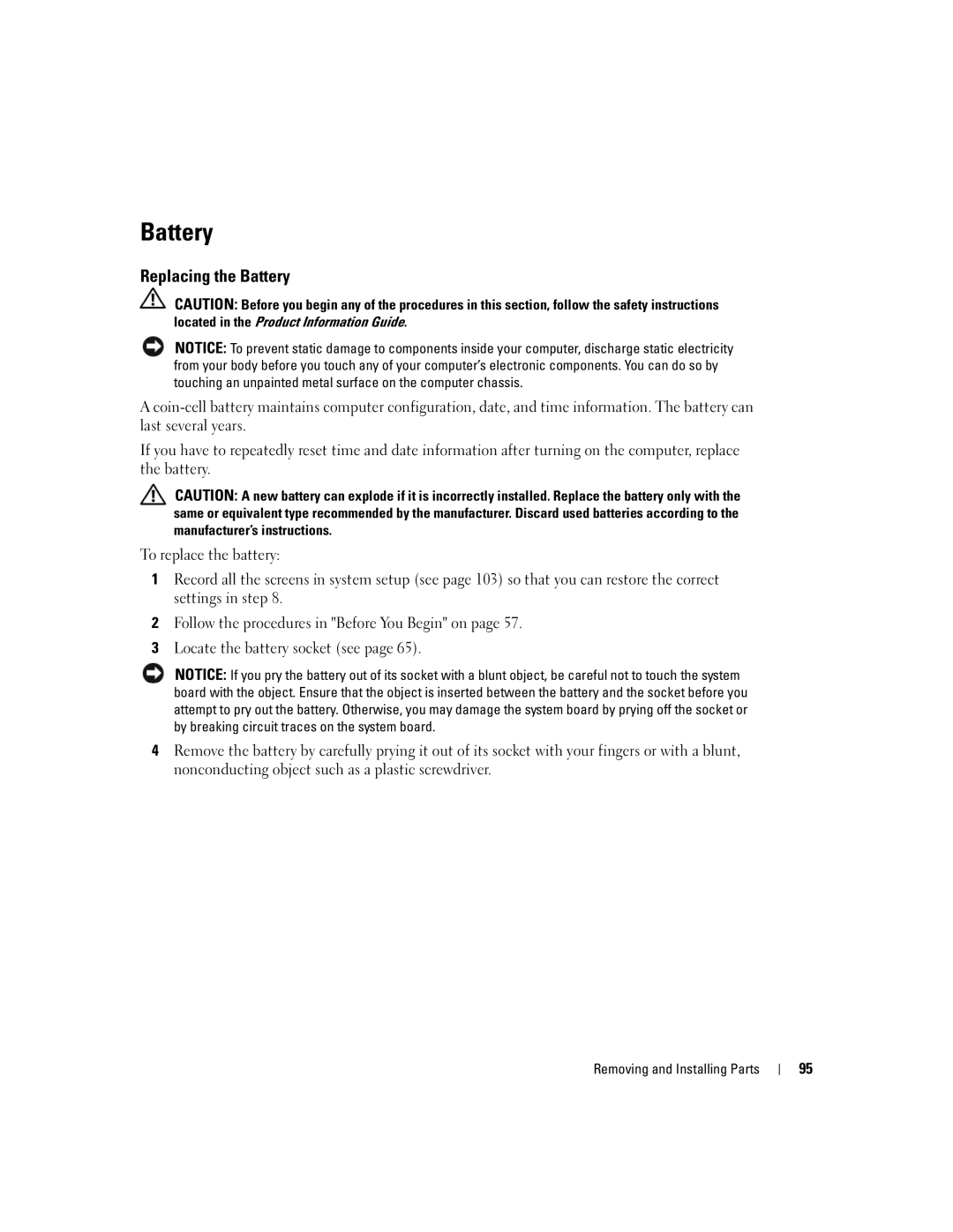 Dell 3100, E310 owner manual Replacing the Battery 