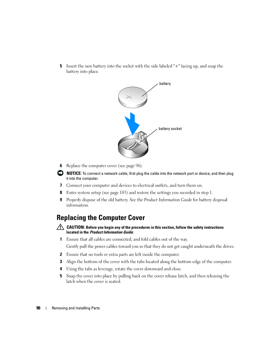 Dell E310, 3100 owner manual Replacing the Computer Cover, Battery Battery socket 