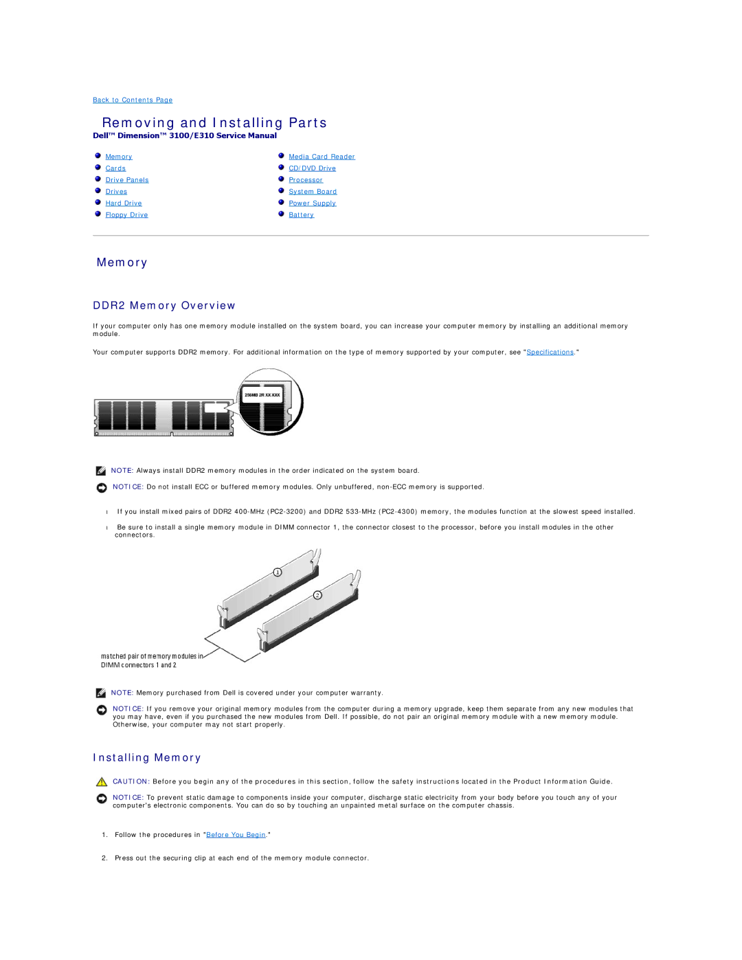 Dell E310, 3100 specifications Removing and Installing Parts, DDR2 Memory Overview, Installing Memory 