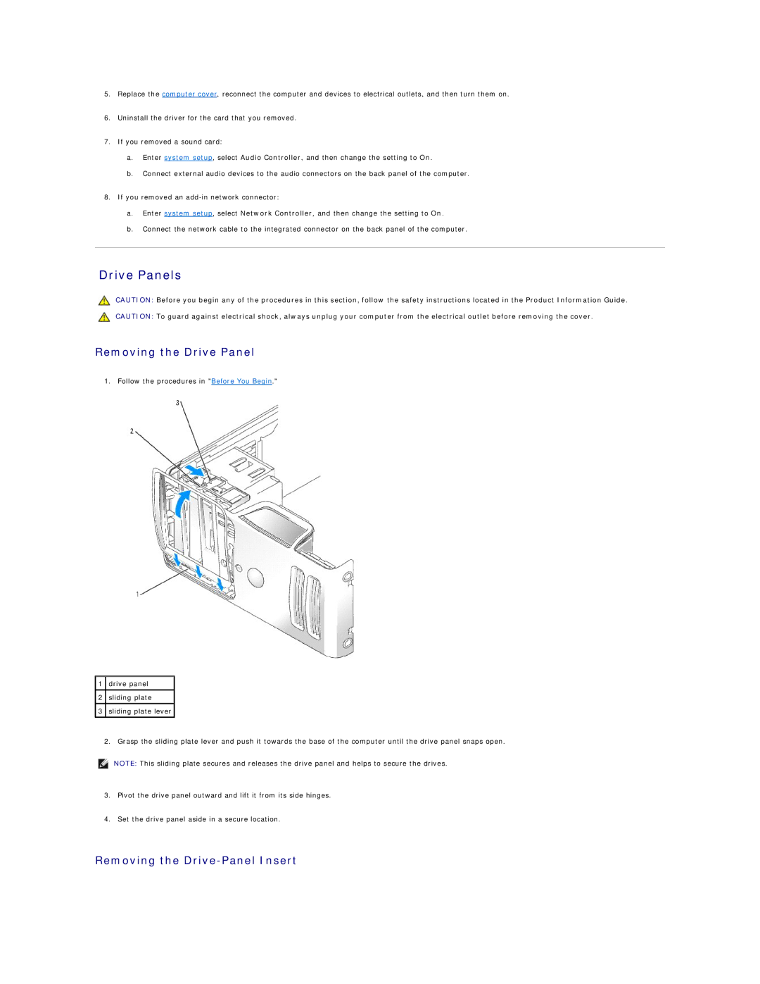 Dell 3100, E310 specifications Drive Panels, Removing the Drive Panel, Removing the Drive-Panel Insert 