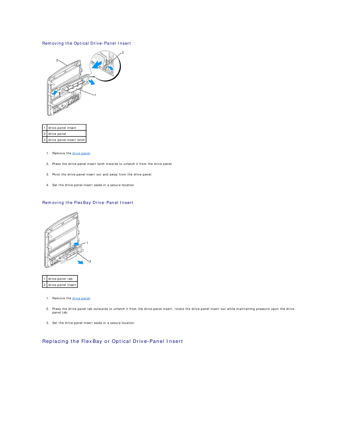 Dell E310, 3100 specifications Replacing the FlexBay or Optical Drive-Panel Insert, Removing the Optical Drive-Panel Insert 