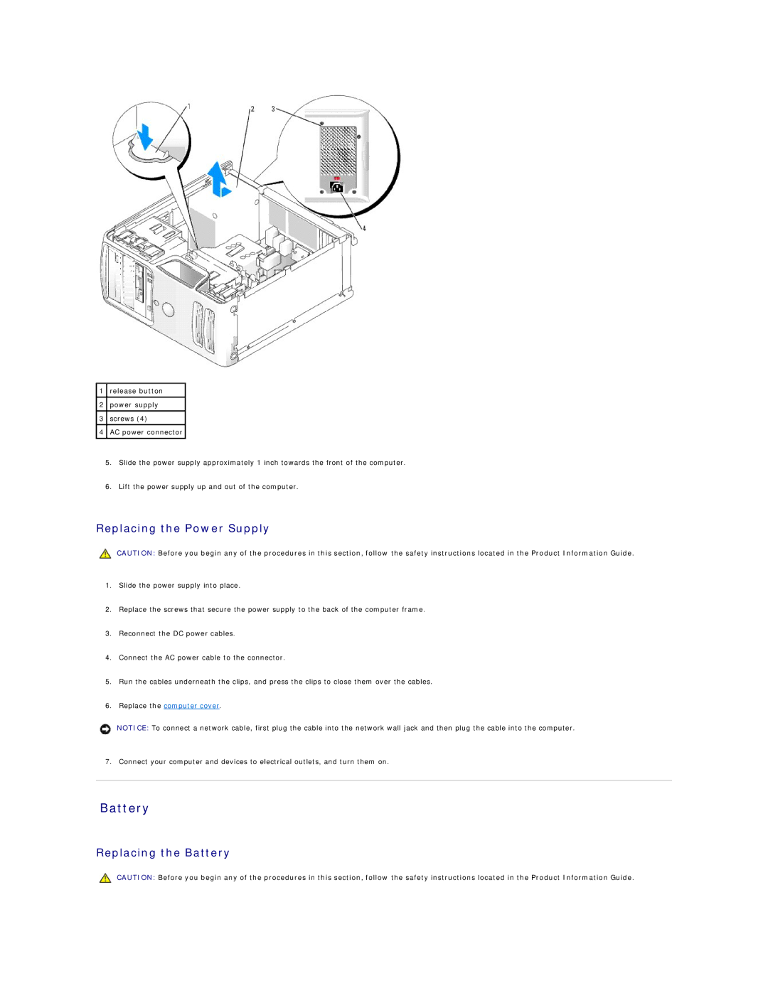 Dell E310, 3100 specifications Replacing the Power Supply, Replacing the Battery 