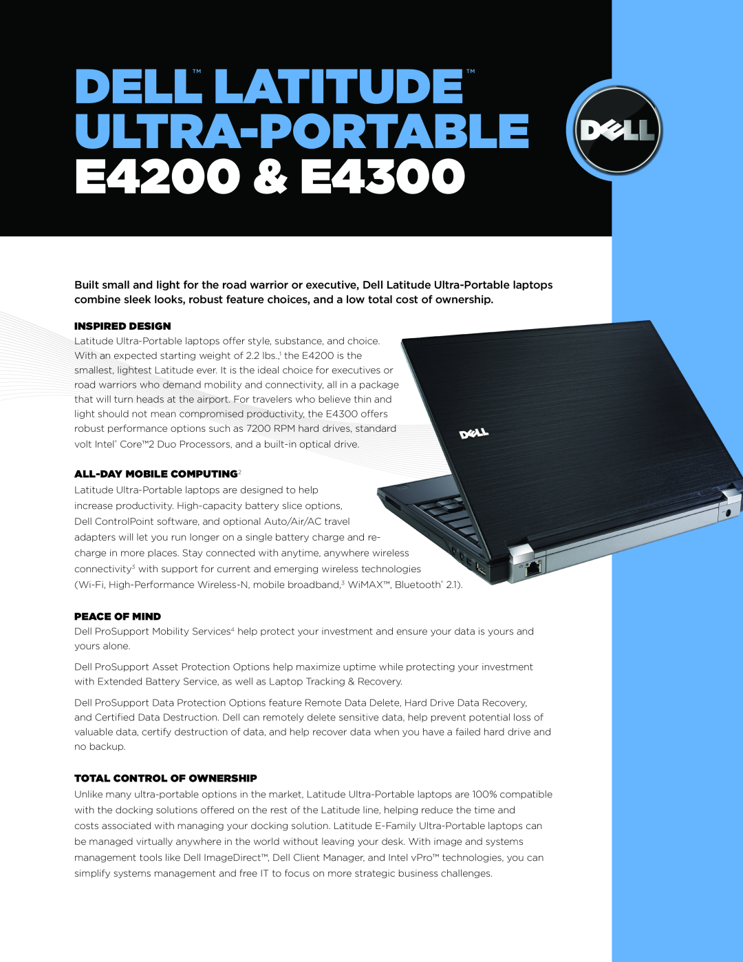 Dell manual DELL LATITUDE Ultra-Portable E4200 & E4300, INSPIRED Design, All-Day Mobile Computing2, Peace of Mind 