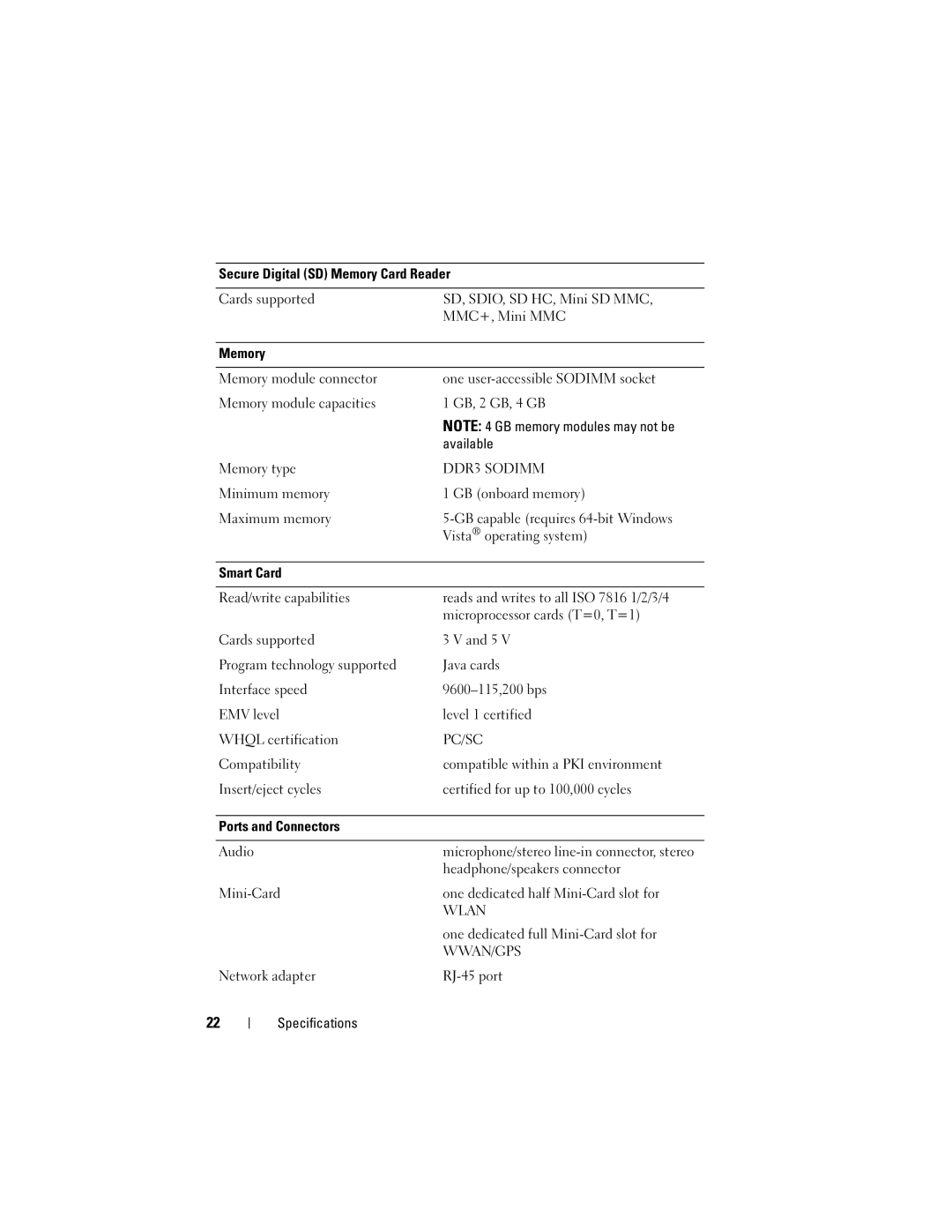 Dell PP15S, E4200, H683D specifications Secure Digital SD Memory Card Reader 