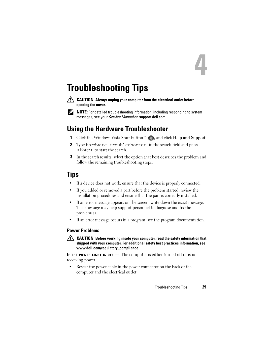 Dell H683D, E4200, PP15S specifications Troubleshooting Tips, Using the Hardware Troubleshooter, Power Problems 