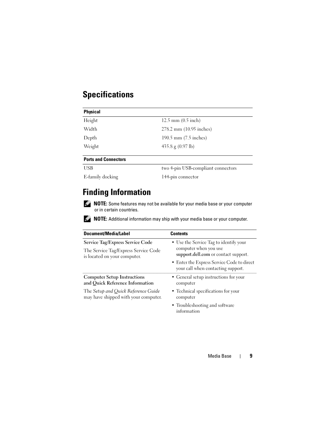 Dell E4200 manual Specifications, Finding Information, Two 4-pin USB-compliant connectors, Family docking Pin connector 