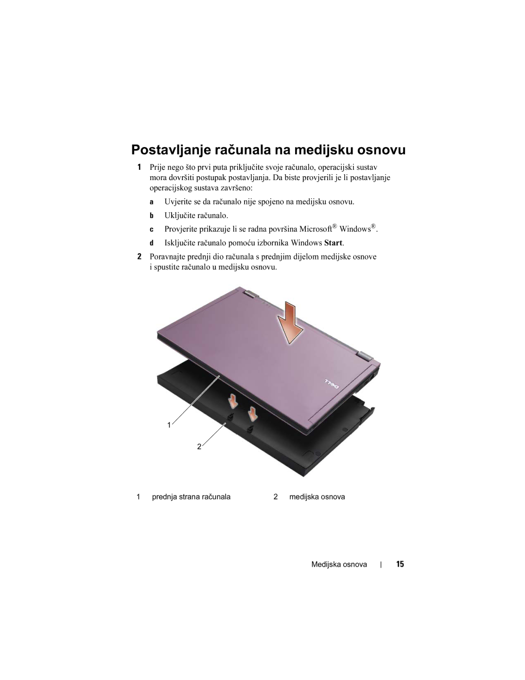 Dell E4200 manual Postavljanje računala na medijsku osnovu, Prednja strana računala Medijska osnova 