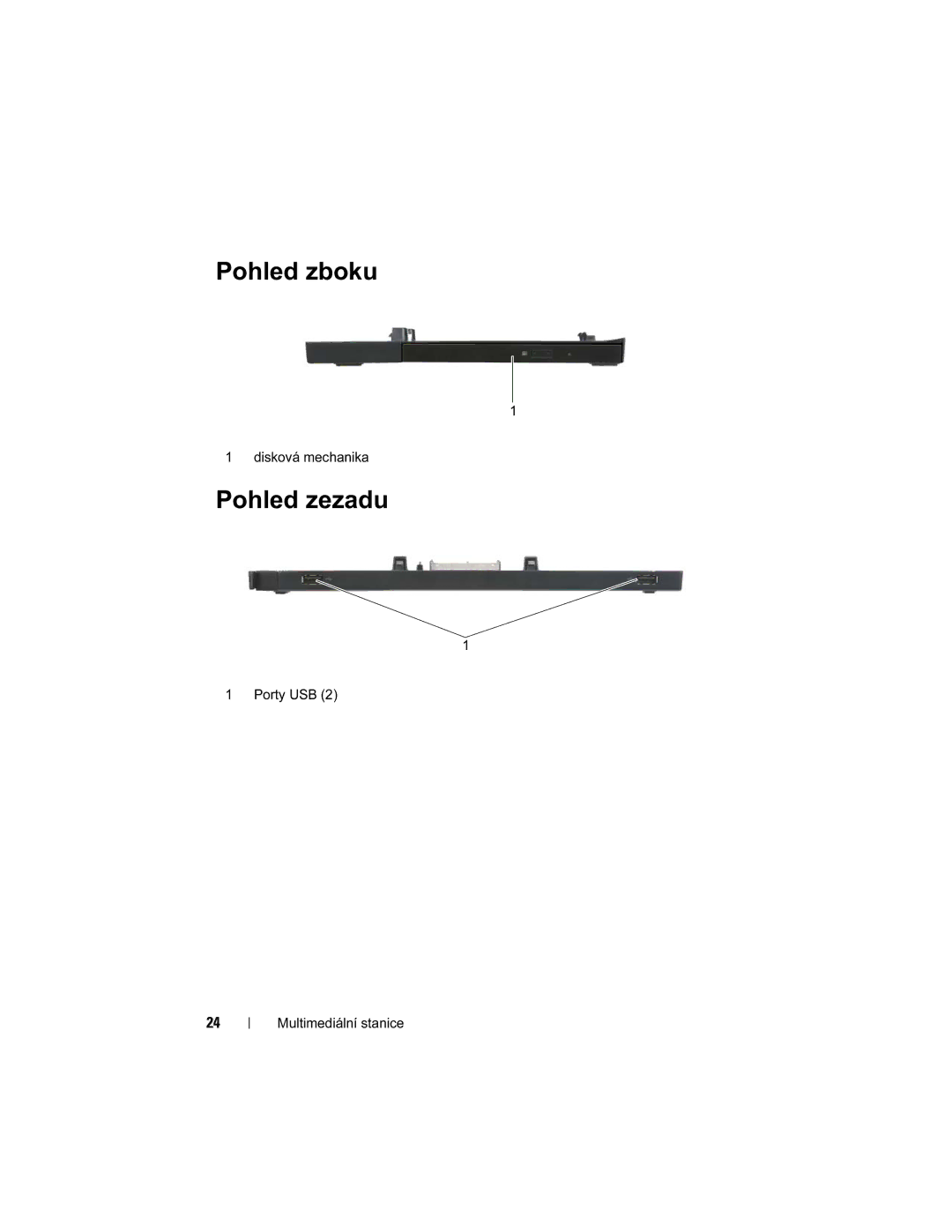 Dell E4200 manual Pohled zboku, Pohled zezadu, Disková mechanika, Porty USB Multimediální stanice 