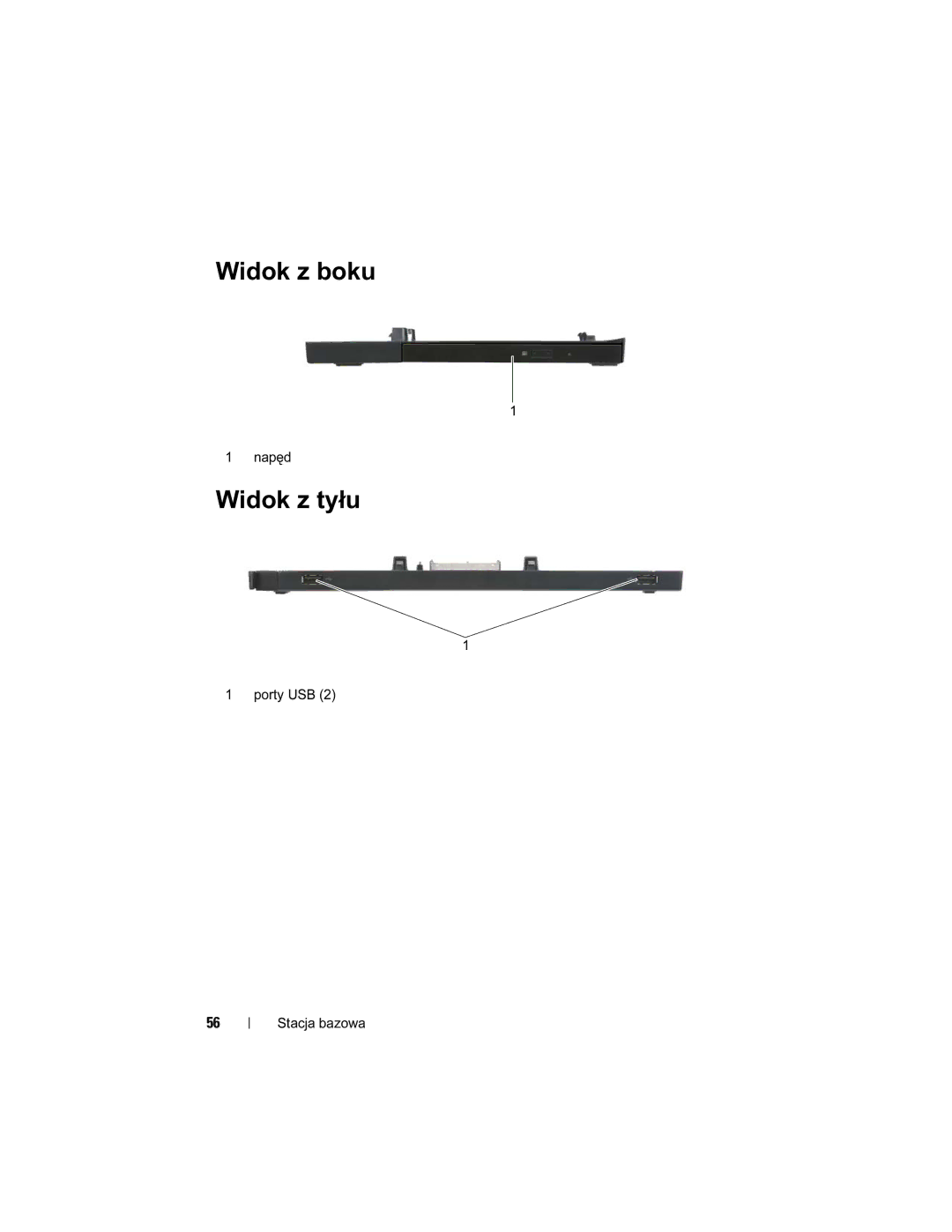 Dell E4200 manual Widok z boku, Widok z tyłu, Napęd, Porty USB Stacja bazowa 