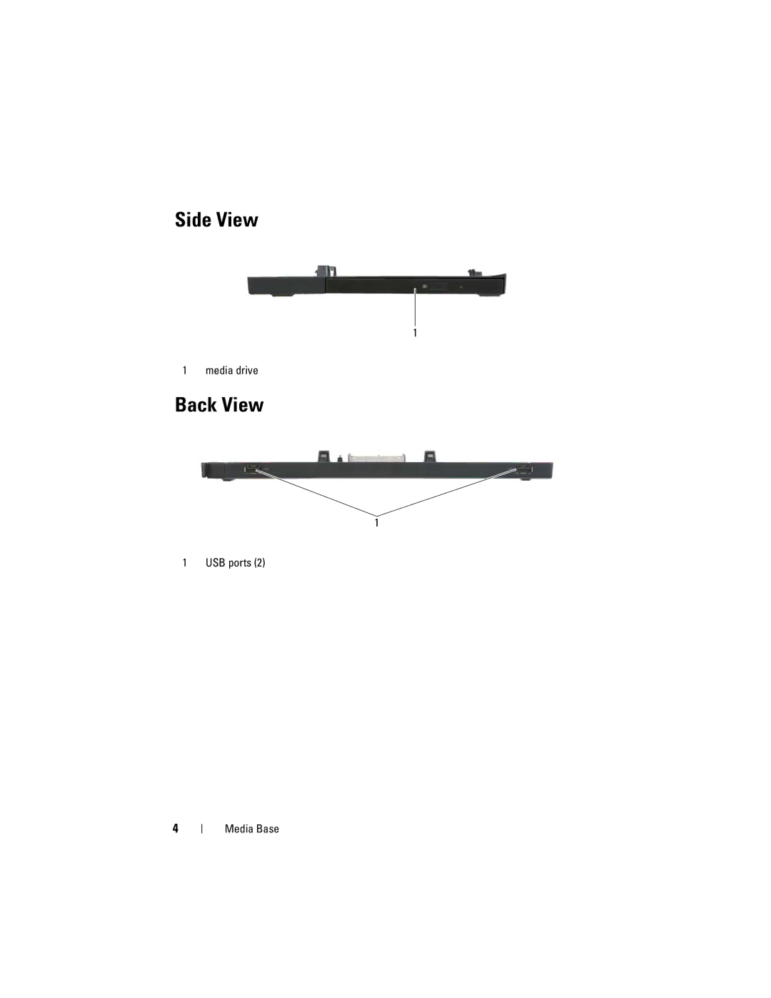 Dell E4200 manual Side View, Back View, Media drive, USB ports Media Base 