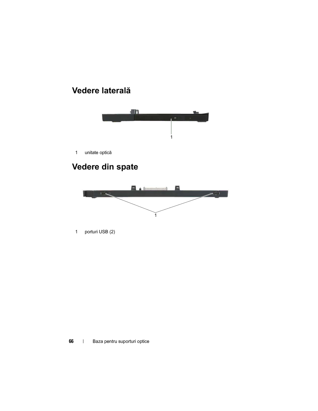 Dell E4200 manual Vedere laterală, Vedere din spate, Unitate optică, Porturi USB Baza pentru suporturi optice 