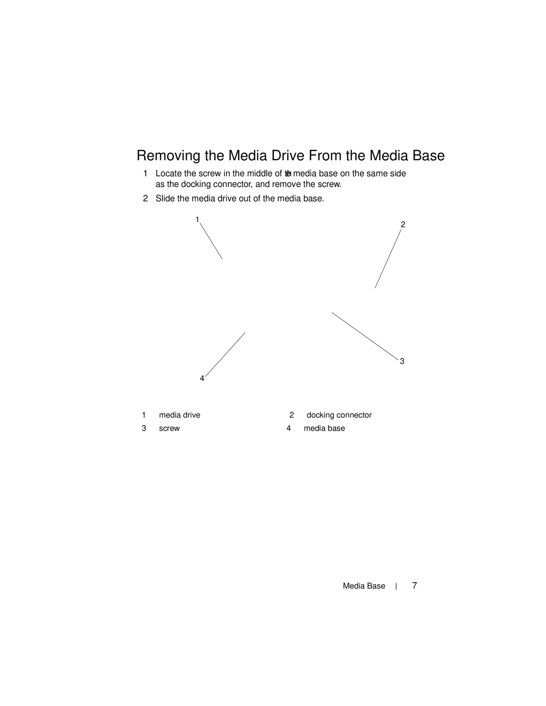 Dell E4200 manual Removing the Media Drive From the Media Base, Screw Media base Media Base 