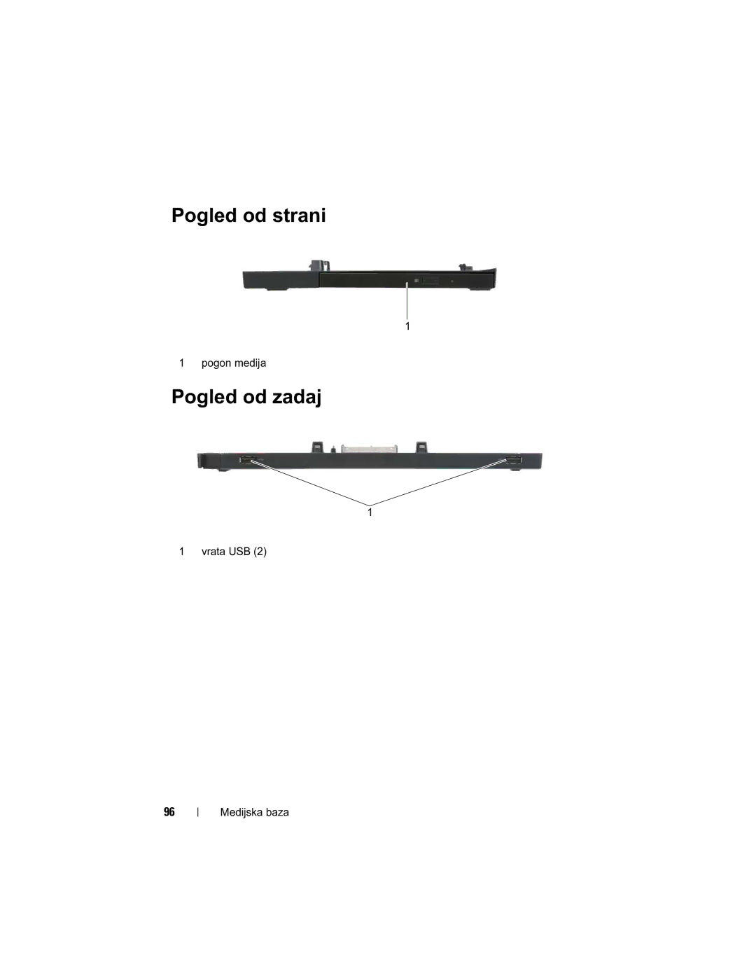 Dell E4200 manual Pogled od strani, Pogled od zadaj, Pogon medija, Vrata USB Medijska baza 