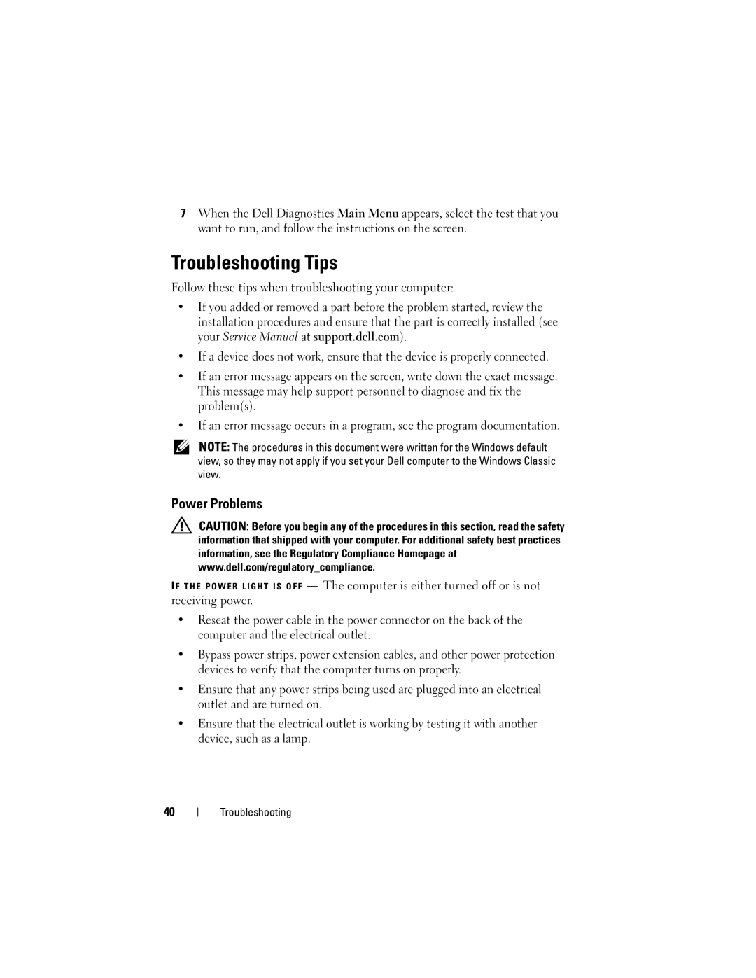 Dell E4300 specifications Troubleshooting Tips, Power Problems 