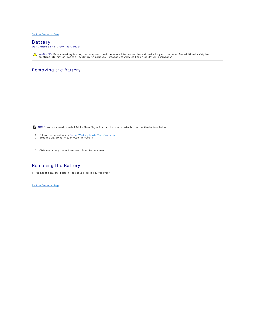 Dell E4310-3ZBDXQ1 service manual Removing the Battery, Replacing the Battery 