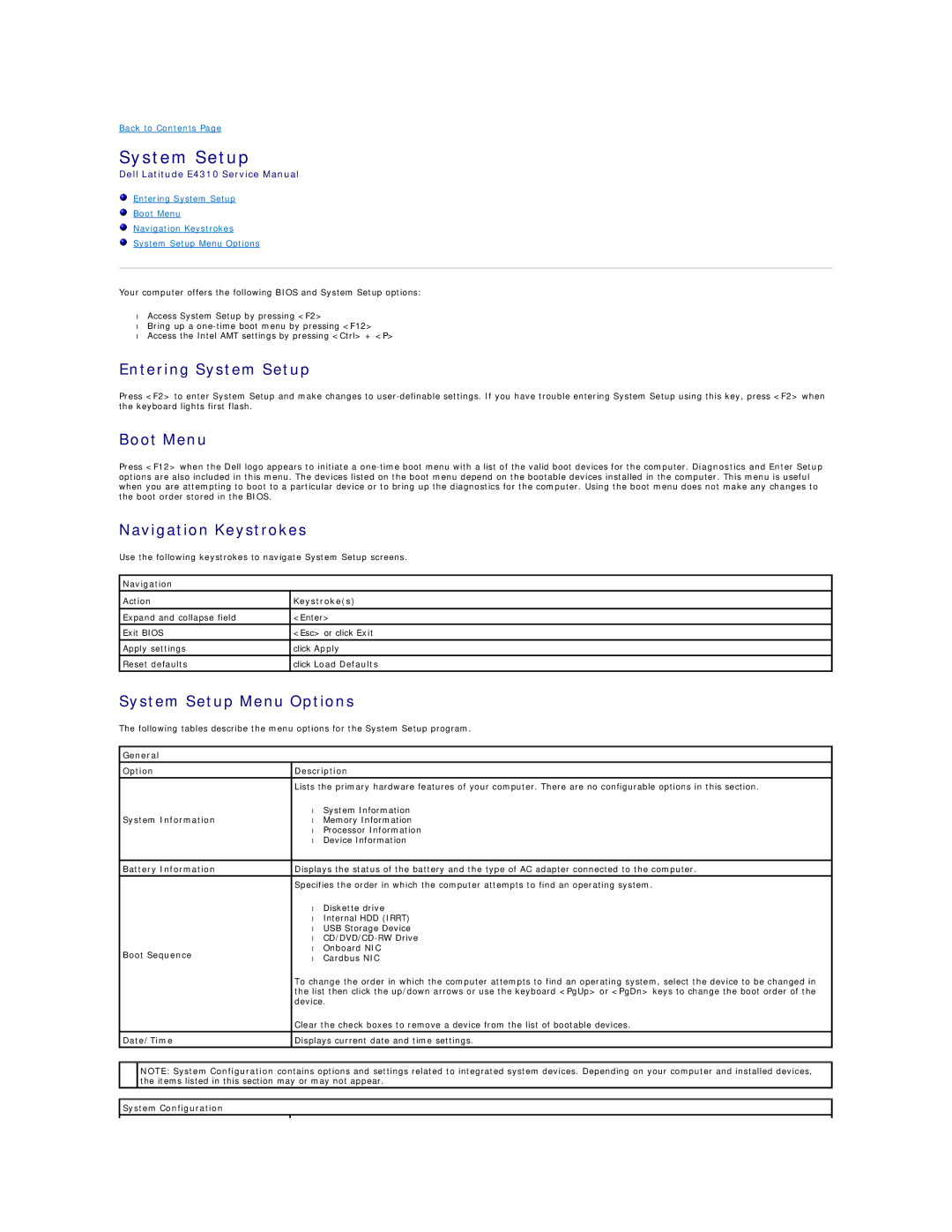 Dell E4310-3ZBDXQ1 service manual Entering System Setup, Boot Menu, Navigation Keystrokes, System Setup Menu Options 