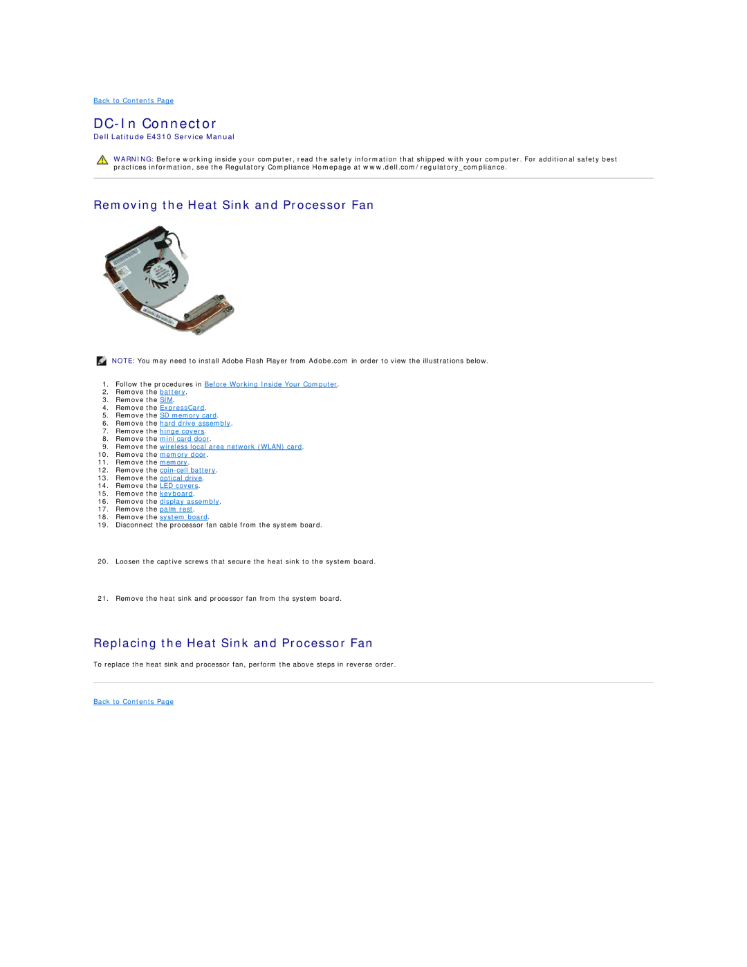 Dell E4310-3ZBDXQ1 service manual Removing the Heat Sink and Processor Fan, Replacing the Heat Sink and Processor Fan 