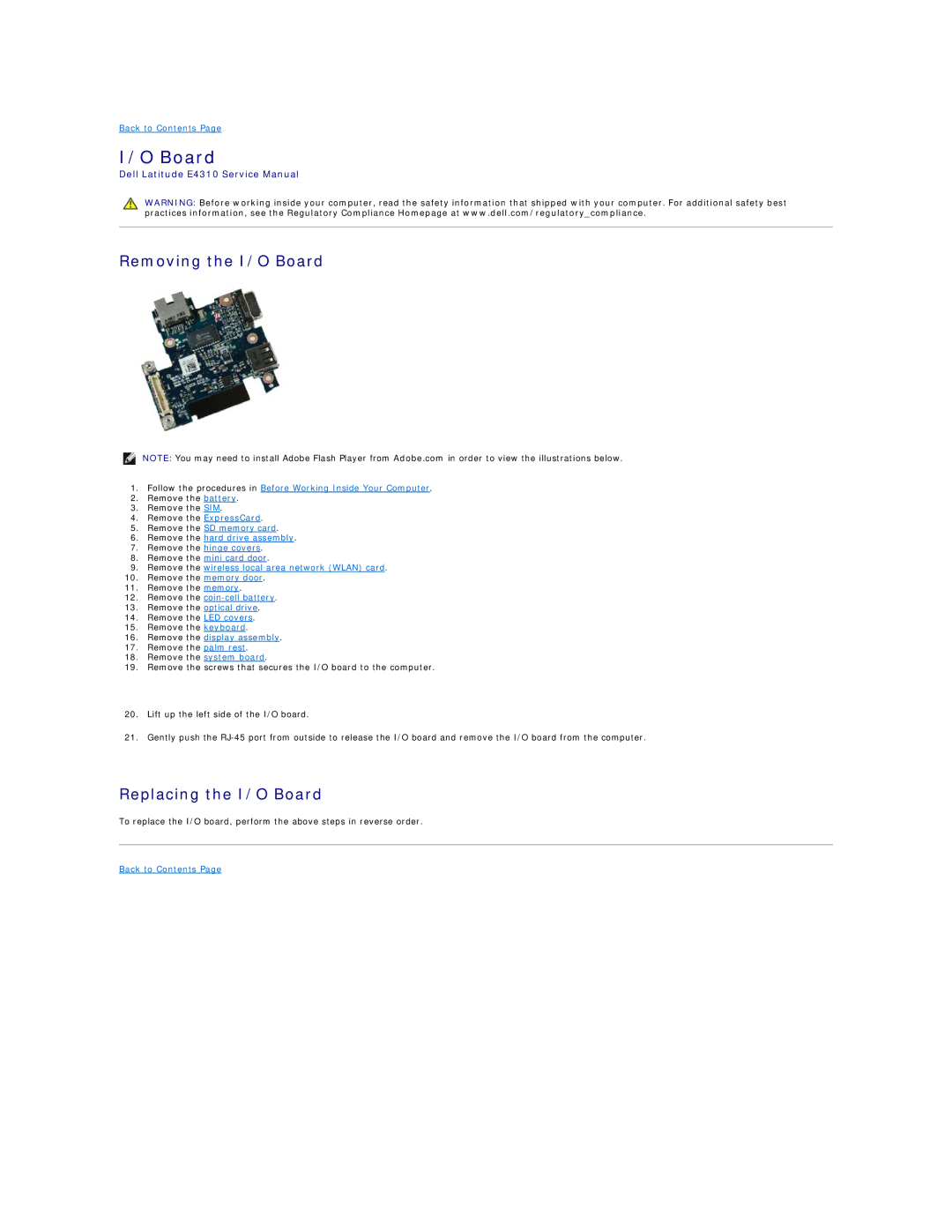 Dell E4310-3ZBDXQ1 service manual Removing the I/O Board, Replacing the I/O Board 