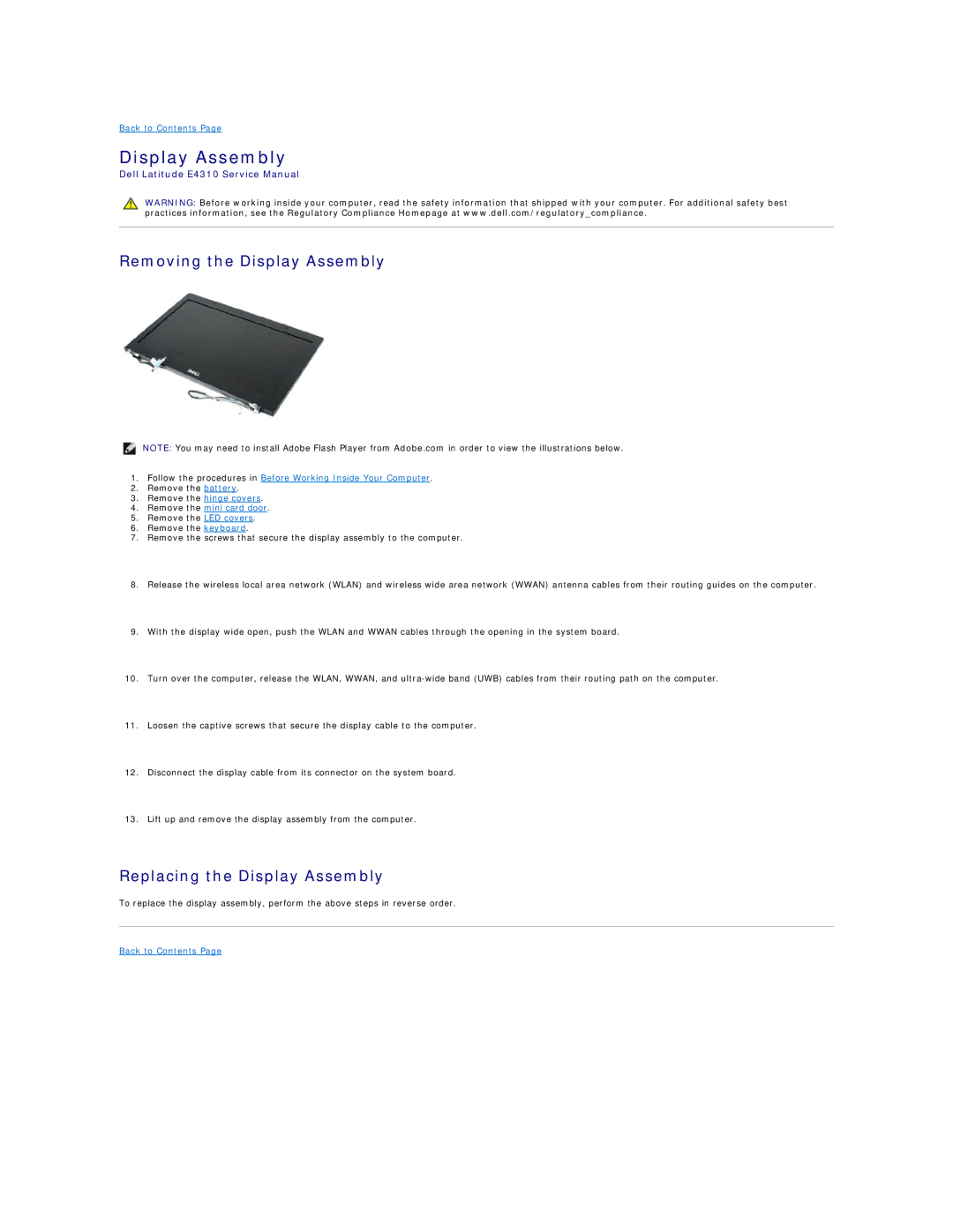 Dell E4310-3ZBDXQ1 service manual Removing the Display Assembly, Replacing the Display Assembly 