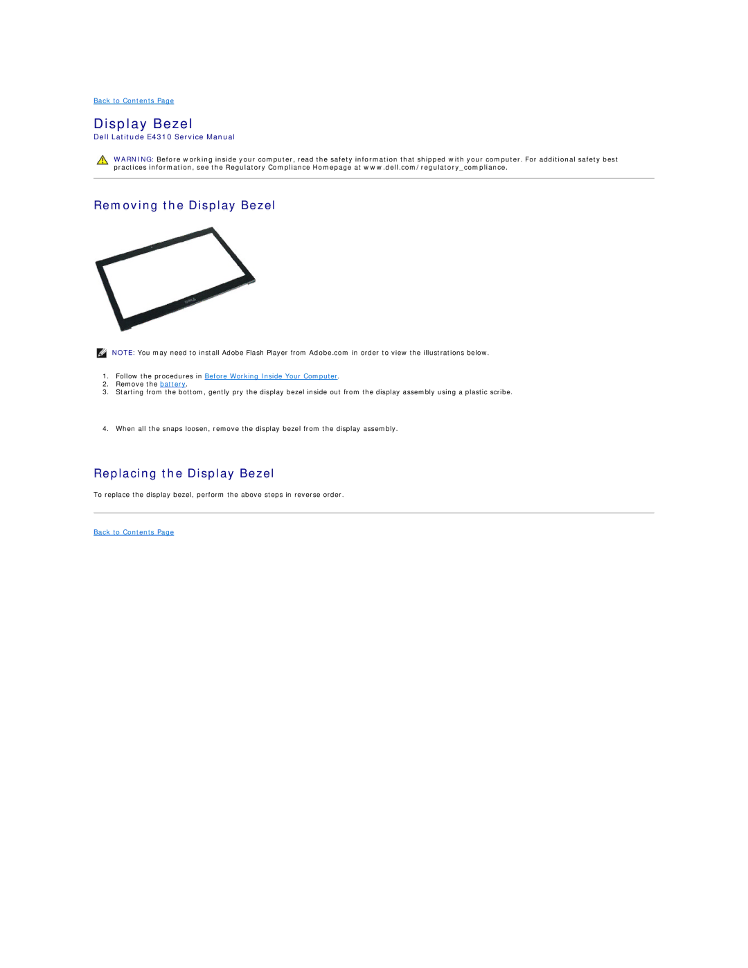 Dell E4310-3ZBDXQ1 service manual Removing the Display Bezel, Replacing the Display Bezel 