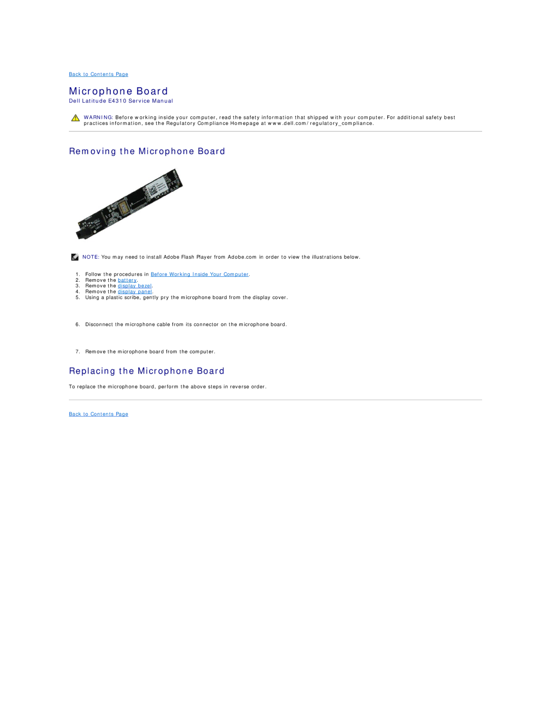 Dell E4310-3ZBDXQ1 service manual Removing the Microphone Board, Replacing the Microphone Board 