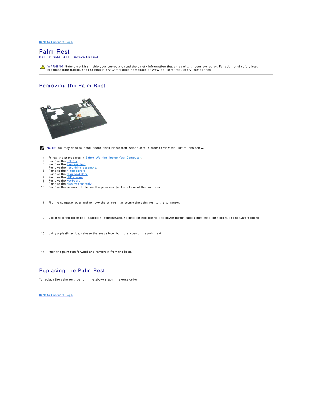 Dell E4310-3ZBDXQ1 service manual Removing the Palm Rest, Replacing the Palm Rest 