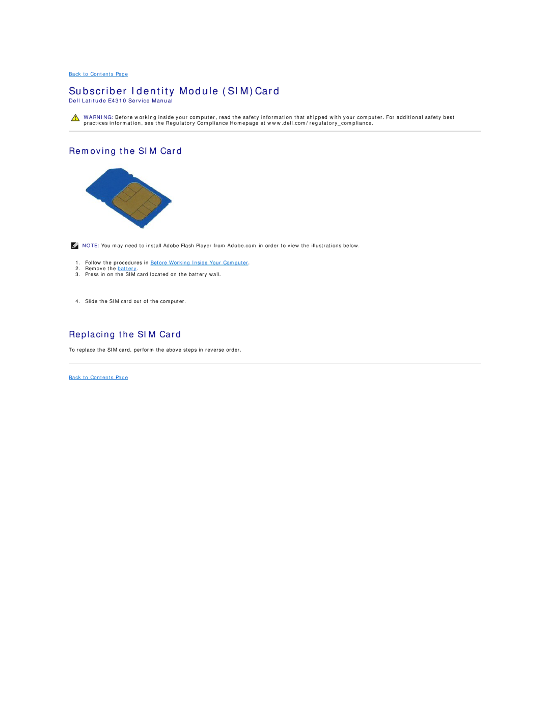 Dell E4310-3ZBDXQ1 service manual Subscriber Identity Module SIMCard, Removing the SIM Card, Replacing the SIM Card 
