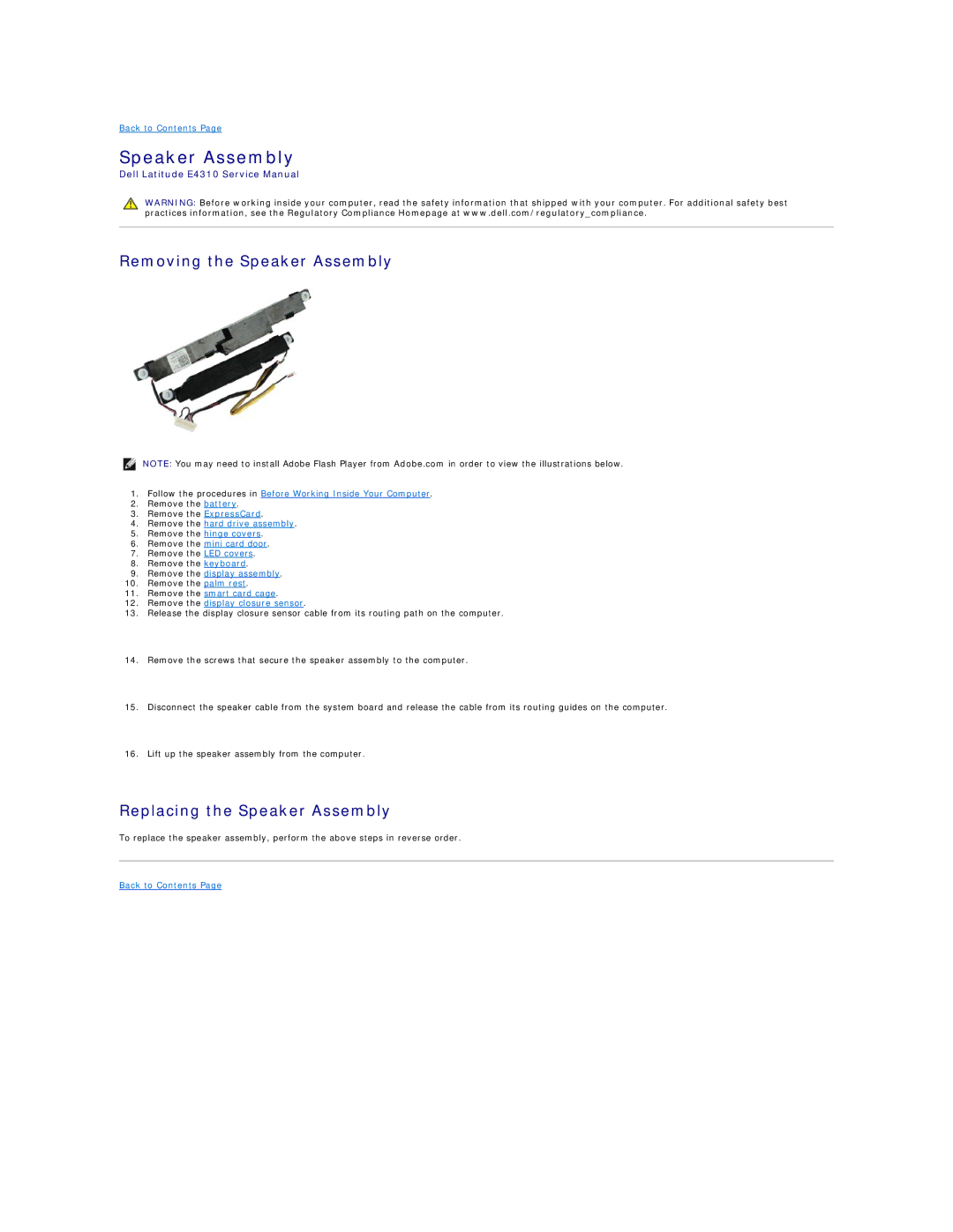 Dell E4310-3ZBDXQ1 service manual Removing the Speaker Assembly, Replacing the Speaker Assembly 