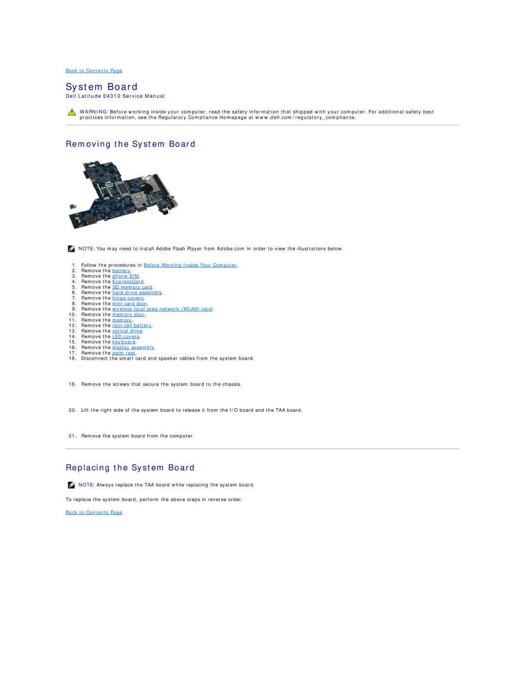 Dell E4310-3ZBDXQ1 service manual Removing the System Board, Replacing the System Board 