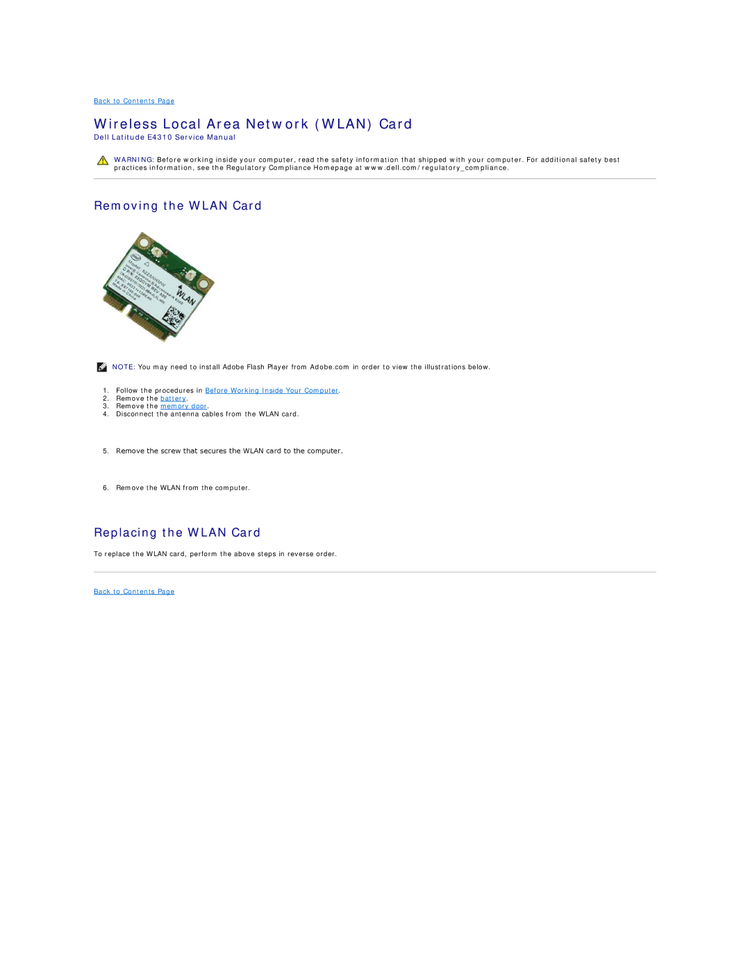 Dell E4310-3ZBDXQ1 service manual Wireless Local Area Network Wlan Card, Removing the Wlan Card, Replacing the Wlan Card 