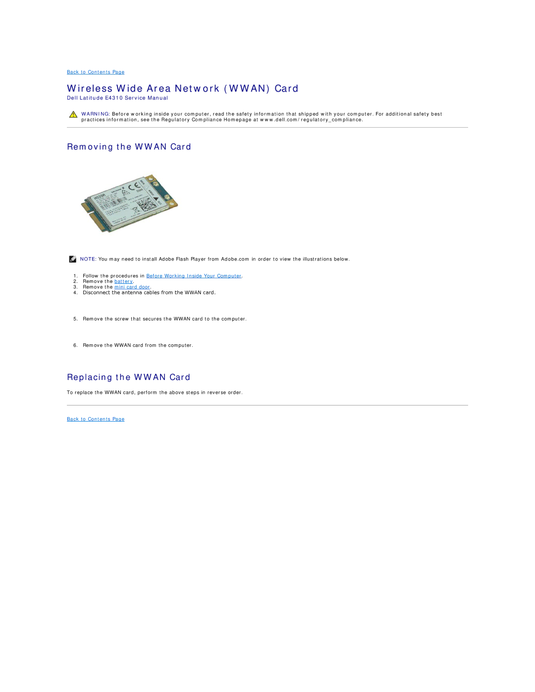 Dell E4310-3ZBDXQ1 service manual Wireless Wide Area Network Wwan Card, Removing the Wwan Card, Replacing the Wwan Card 