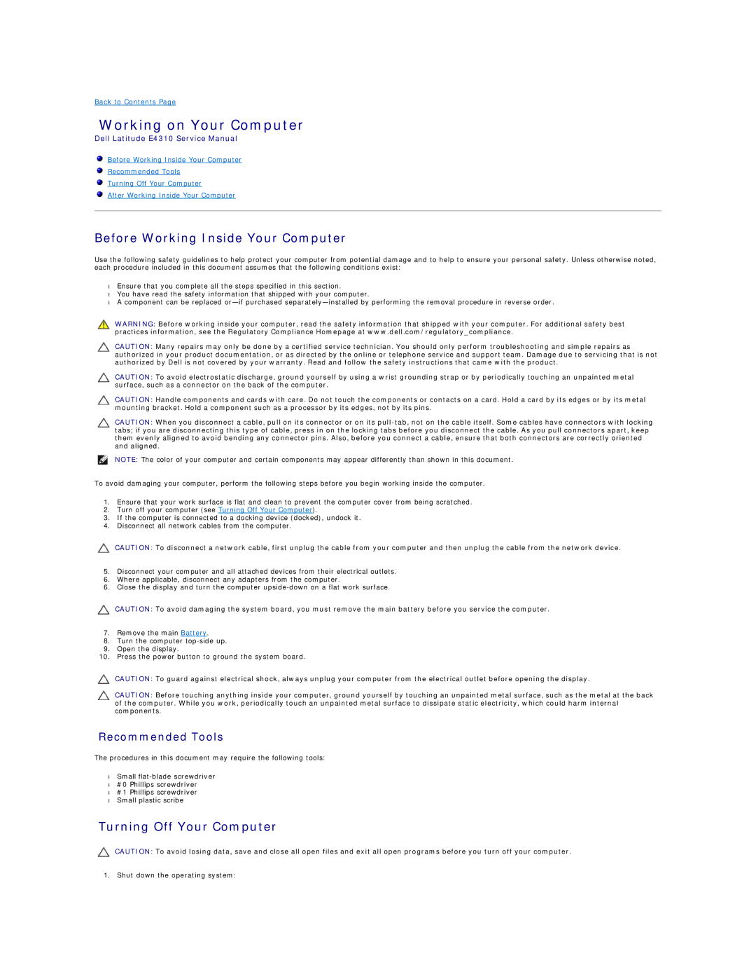 Dell E4310-3ZBDXQ1 Working on Your Computer, Before Working Inside Your Computer, Turning Off Your Computer 
