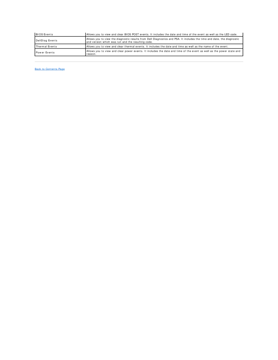 Dell E4310-3ZBDXQ1 service manual Bios Events, DellDiag Events, Thermal Events, Power Events 