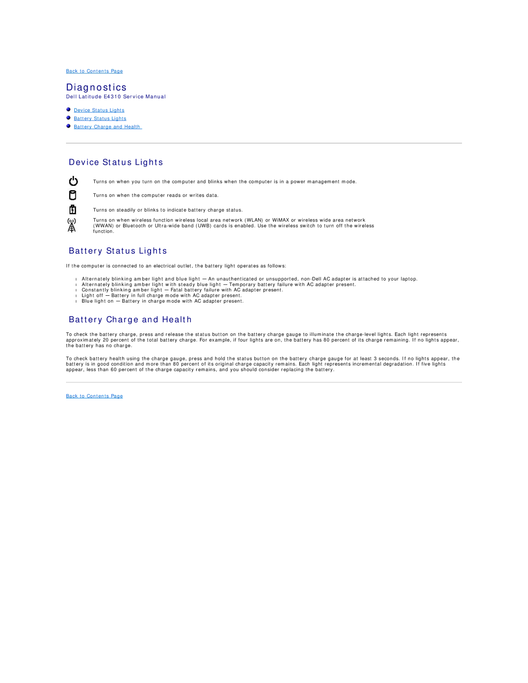 Dell E4310-3ZBDXQ1 service manual Diagnostics, Device Status Lights, Battery Status Lights, Battery Charge and Health 