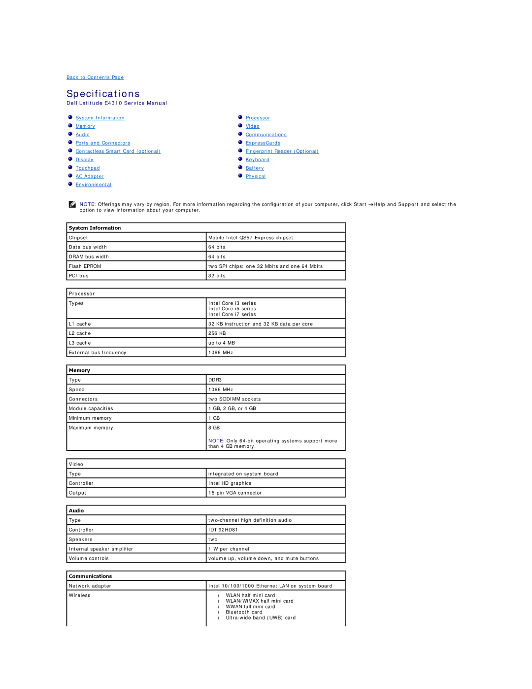 Dell E4310-3ZBDXQ1 service manual Specifications 