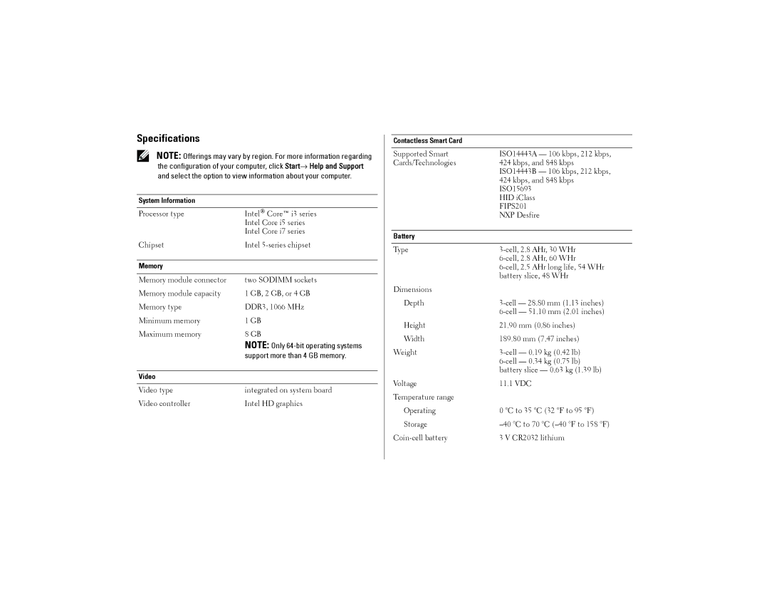 Dell E4310 manual Specifications, Support more than 4 GB memory 