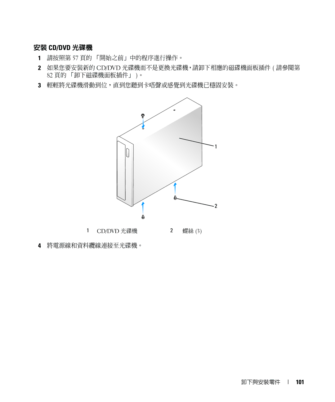 Dell E520 manual 安裝 Cd/Dvd 光碟機, 將電源線和資料纜線連接至光碟機。, 101 