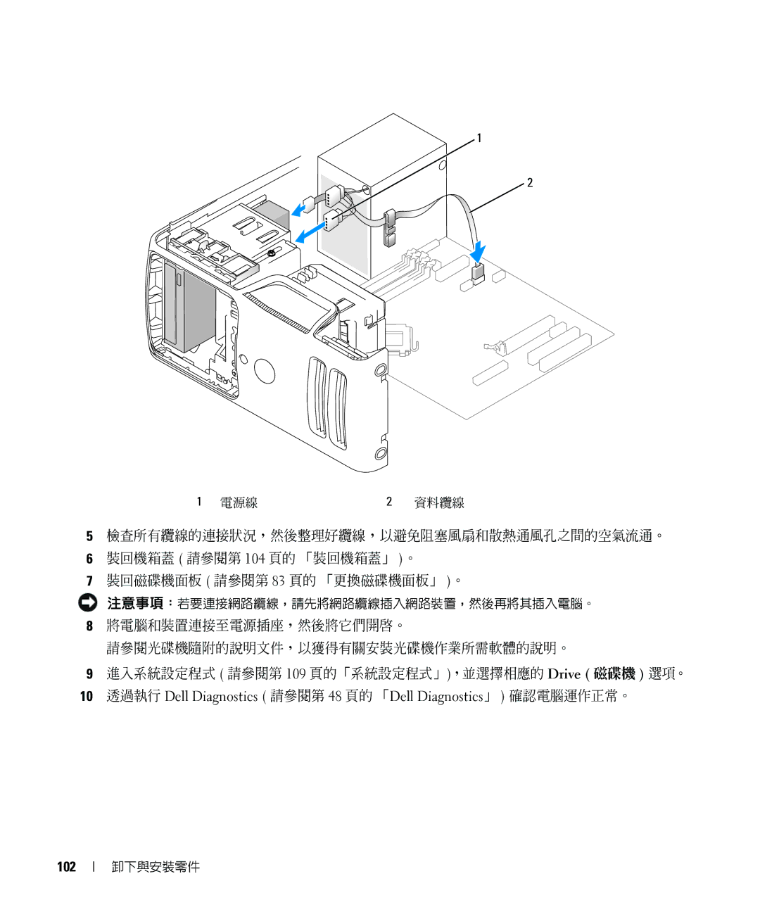 Dell E520 manual 電源線 資料纜線 