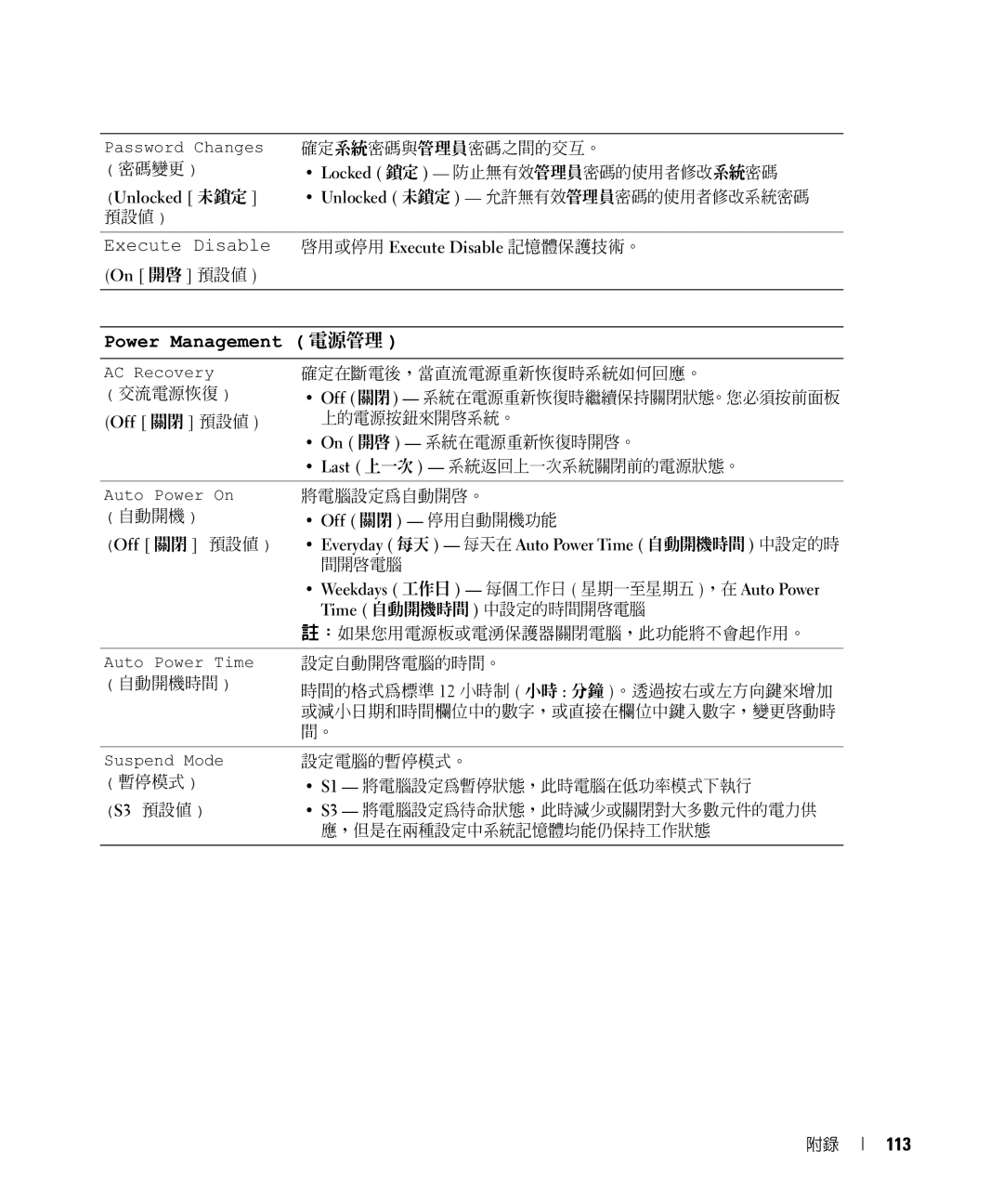 Dell E520 manual Power Management 電源管理, 113 