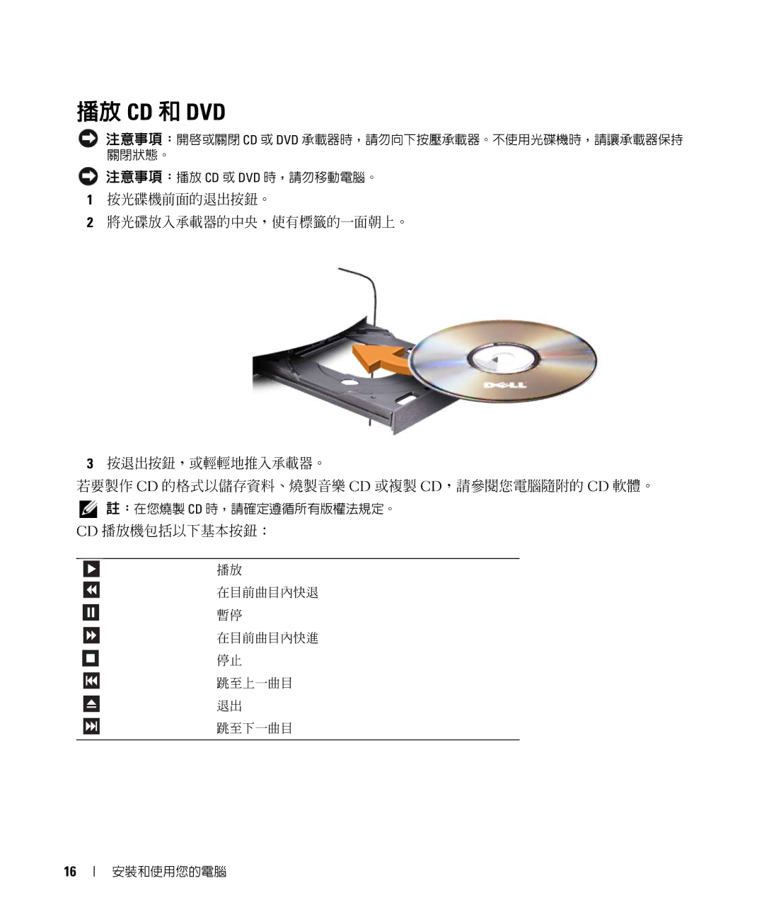 Dell E520 manual 播放 Cd 和 Dvd, Cd 播放機包括以下基本按鈕： 