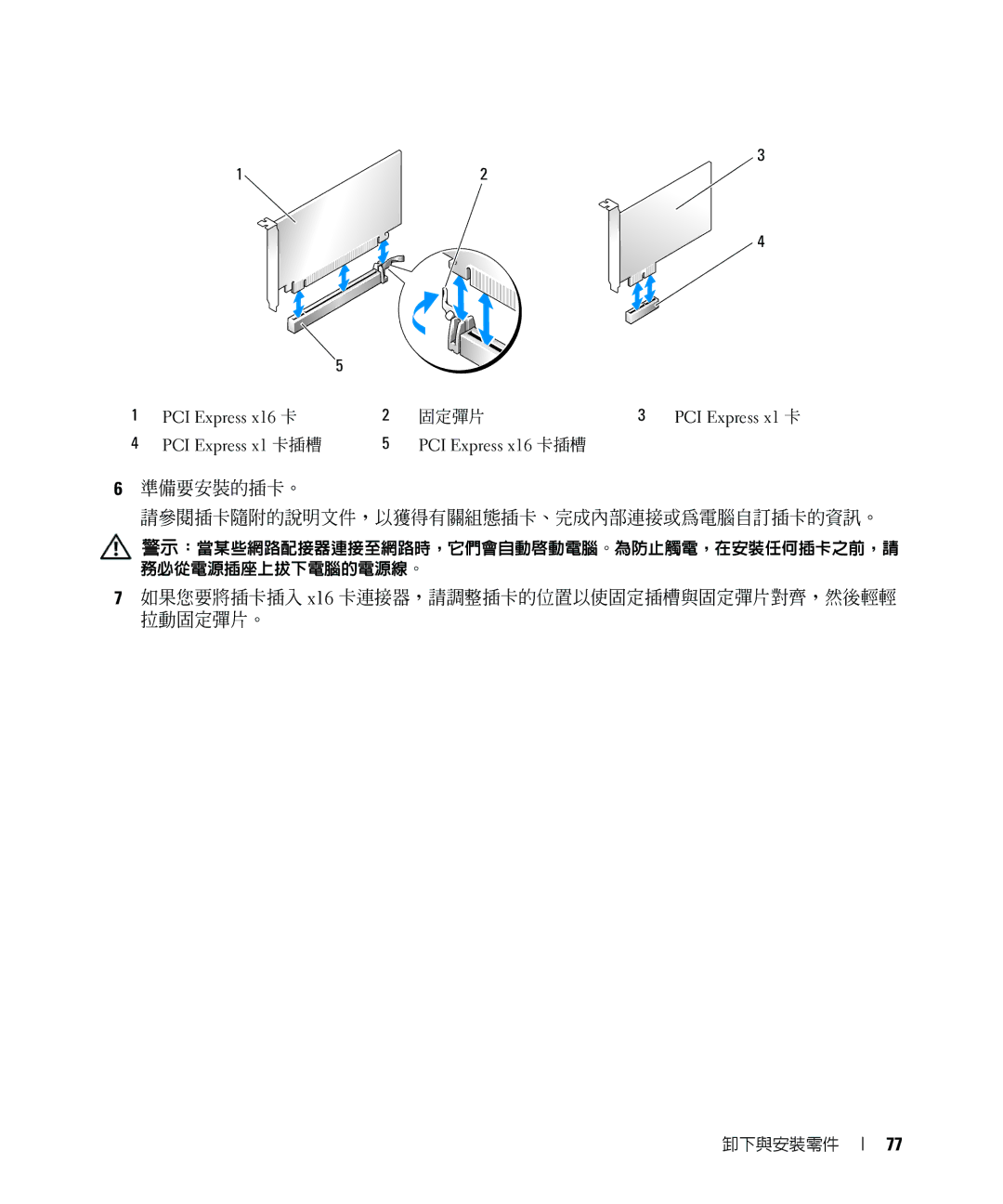 Dell E520 manual 準備要安裝的插卡。 請參閱插卡隨附的說明文件，以獲得有關組態插卡、完成內部連接或為電腦自訂插卡的資訊。, 如果您要將插卡插入 x16 卡連接器，請調整插卡的位置以使固定插槽與固定彈片對齊，然後輕輕 拉動固定彈片。 