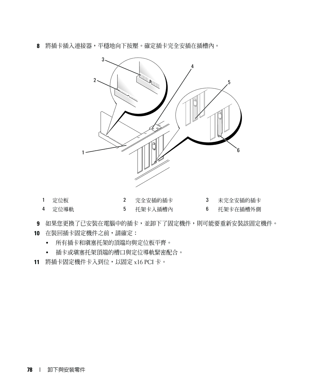 Dell E520 manual 將插卡插入連接器，平穩地向下按壓。確定插卡完全安插在插槽內。 