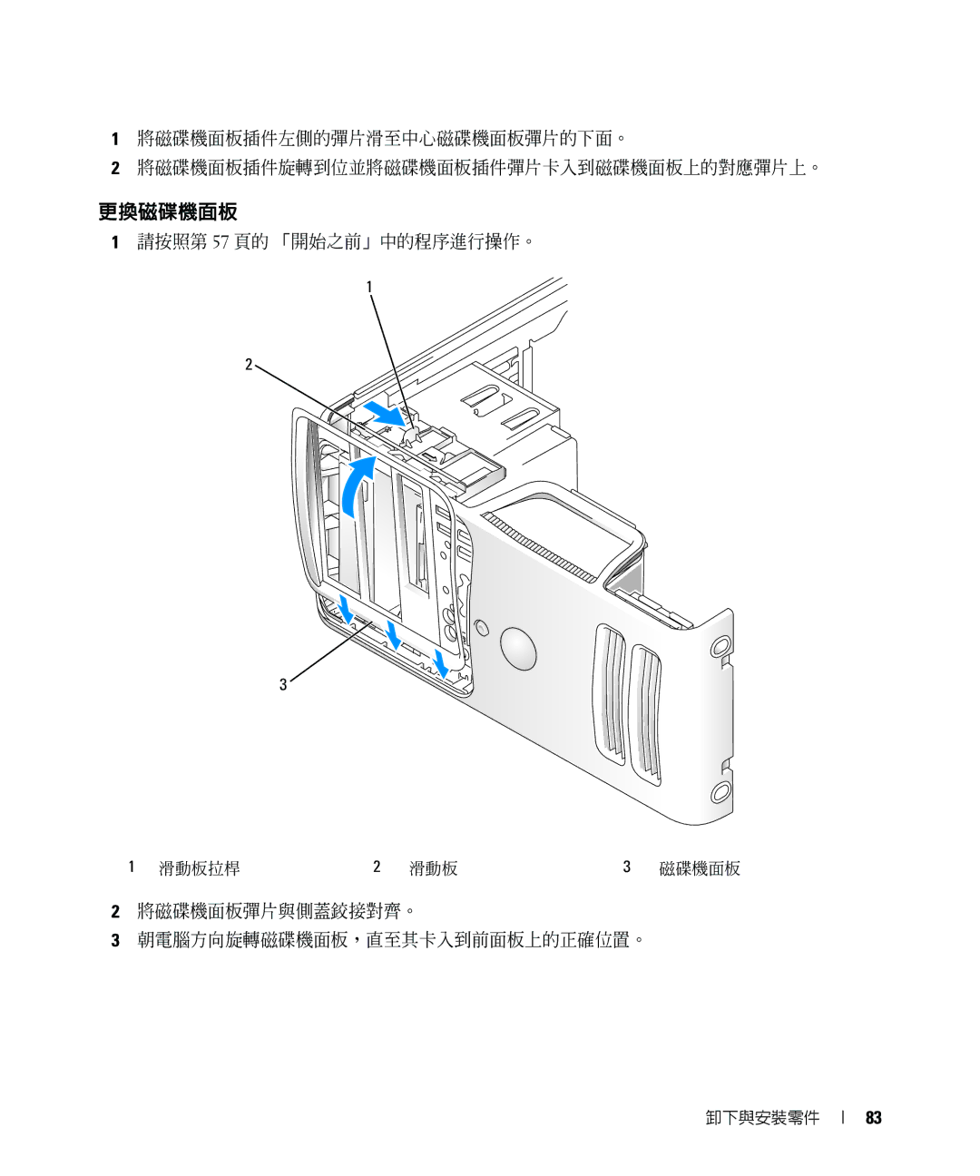 Dell E520 manual 更換磁碟機面板, 將磁碟機面板彈片與側蓋鉸接對齊。 朝電腦方向旋轉磁碟機面板，直至其卡入到前面板上的正確位置。 