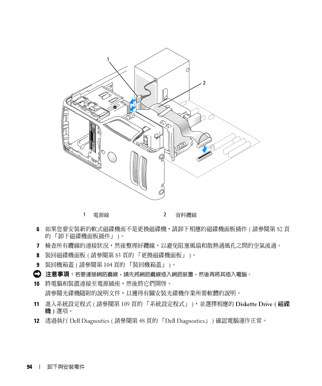 Dell E520 manual 電源線 資料纜線 