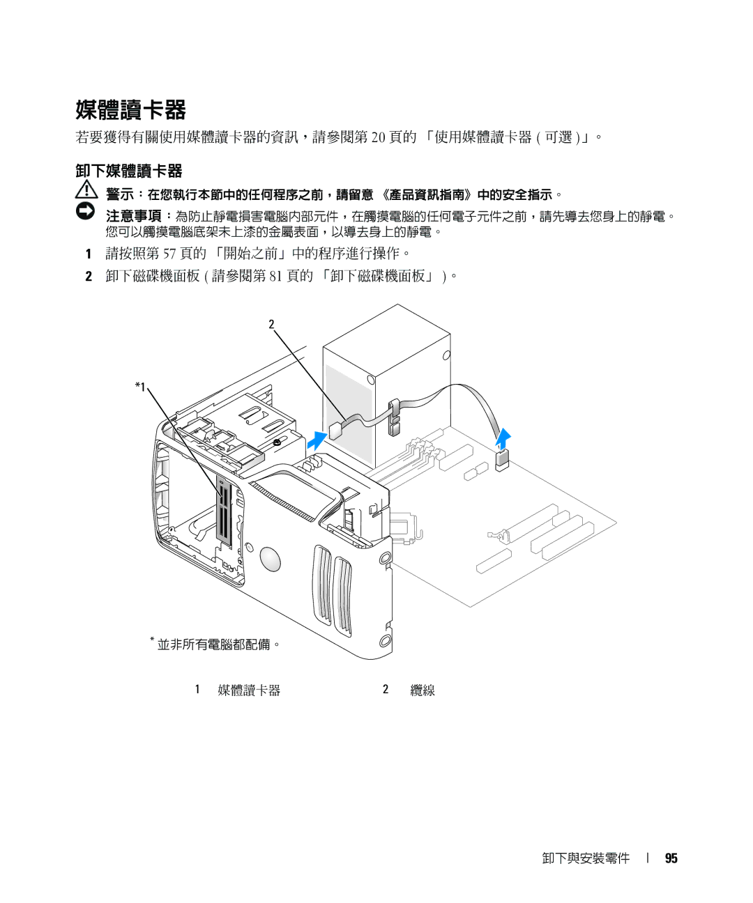 Dell E520 manual 卸下媒體讀卡器, 若要獲得有關使用媒體讀卡器的資訊，請參閱第 20 頁的 「使用媒體讀卡器 可選 」。 