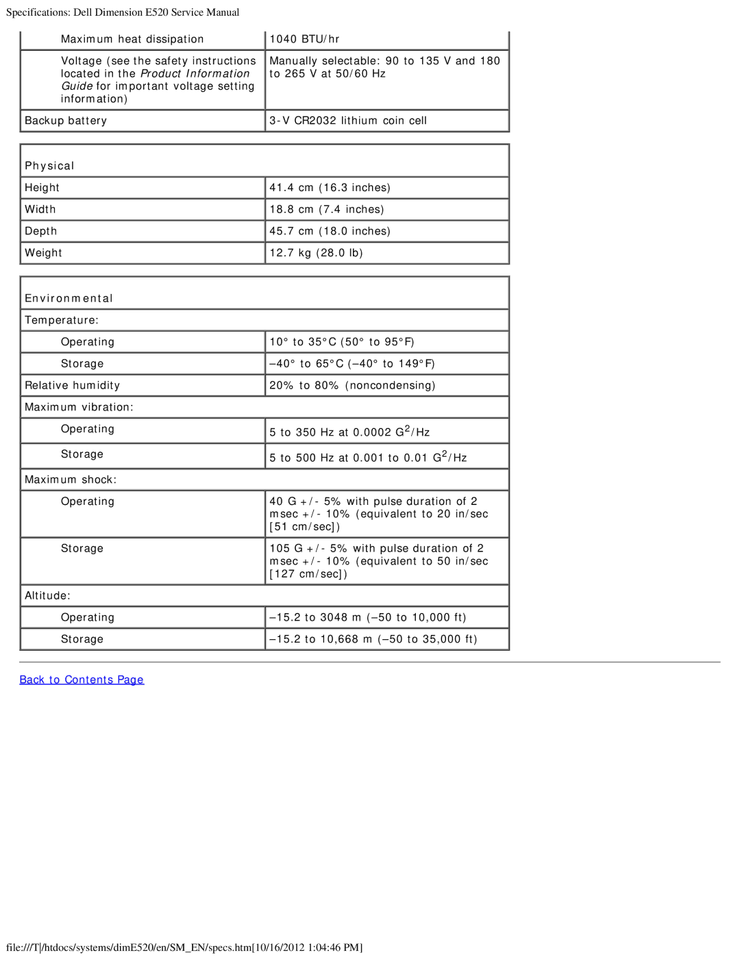 Dell E520 service manual Physical, Environmental 