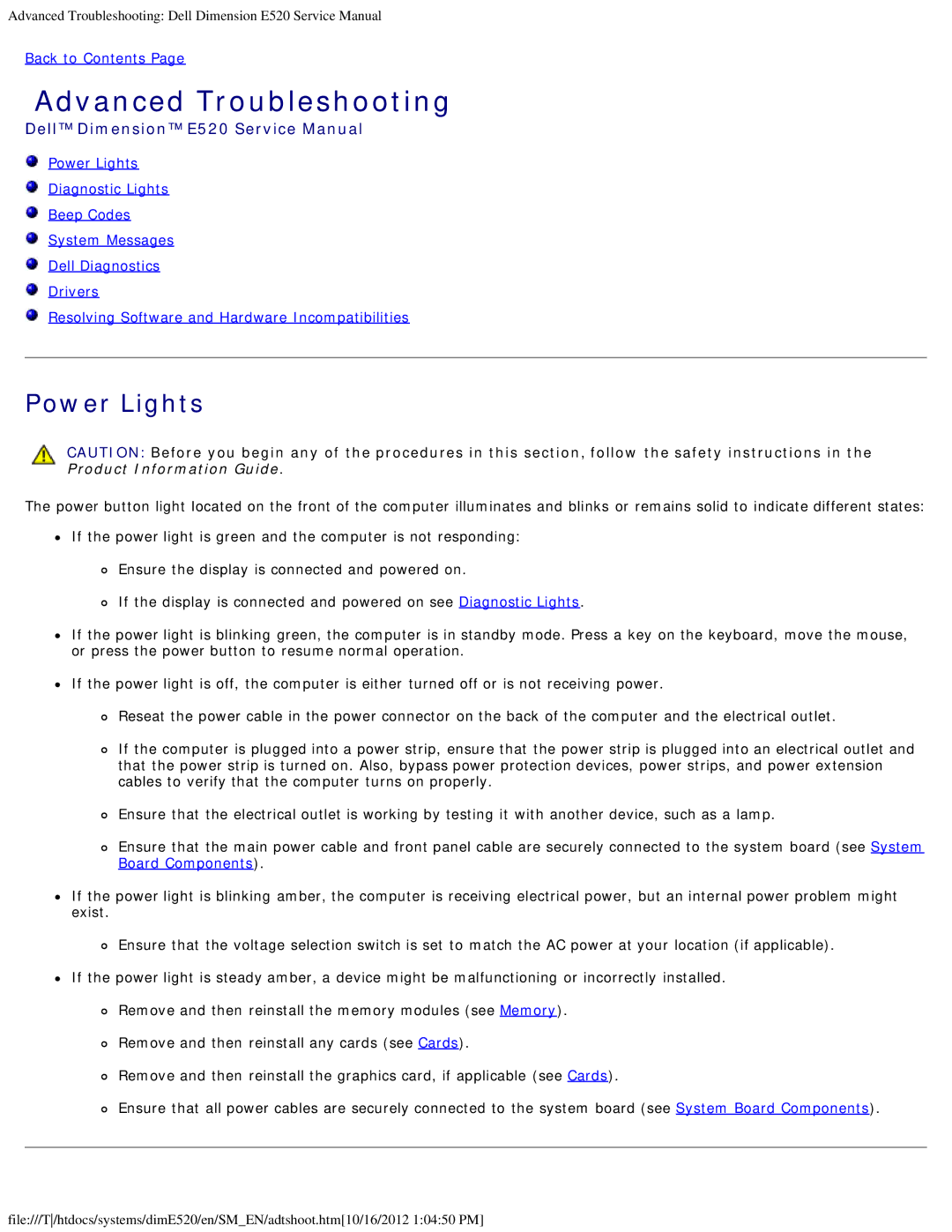 Dell E520 service manual Advanced Troubleshooting, Power Lights 